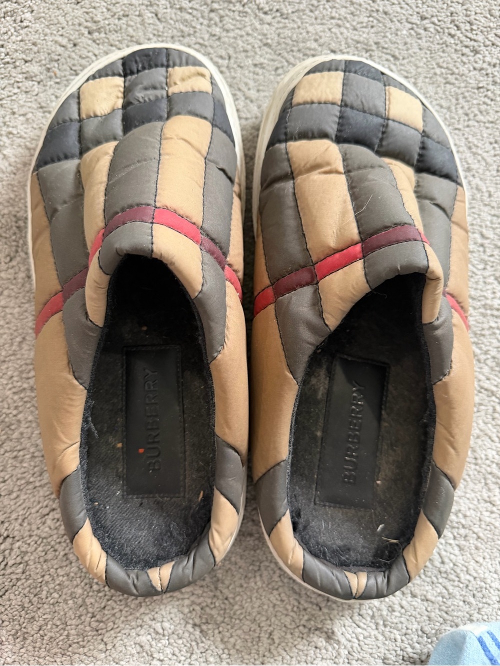 Burberry Quilted Slip-On Mules in Beige, Gray & Red